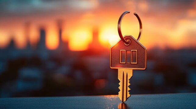 House keys on a table with city skyline background mortgage loan home real estate finance property investment - Powered by Adobe