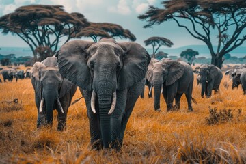 Obraz premium Herd of Elephants Walking Through the Grass in Tarangire National Park, Tanzania