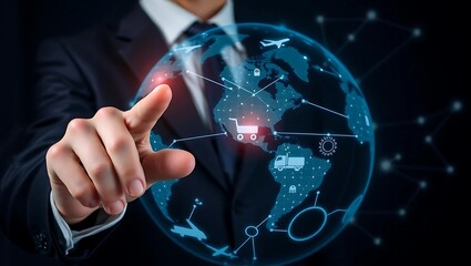 Executive Engaging with Futuristic Holographic Interface Showcasing Global Logistics, Smart Supply Chain Solutions, and Advanced Digital Connectivity