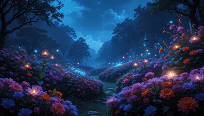 A fanciful nighttime garden landscape with vivid flowers against a dark, dreamy background, all lit by ethereal, shining lights.