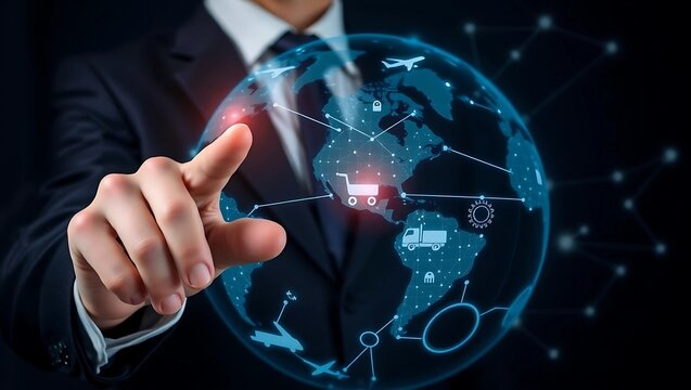 Executive Engaging with Futuristic Holographic Interface Showcasing Global Logistics, Smart Supply Chain Solutions, and Advanced Digital Connectivity