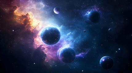 Cosmic Space Illustration with Glowing Planets and Nebulous Galaxy Background with Blue Purple and Orange Hues