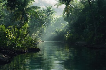 Fototapeta premium A serene journey through the lush jungle along a tranquil river at dawn