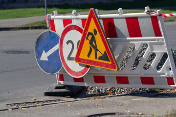 Under construction road signs, safety steel barrier