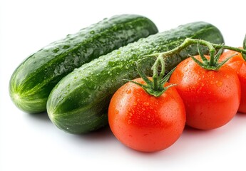 Fresh Cucumbers and Ripe Tomatoes with Water Droplets on White Background for Healthy Eating and Cooking Concepts