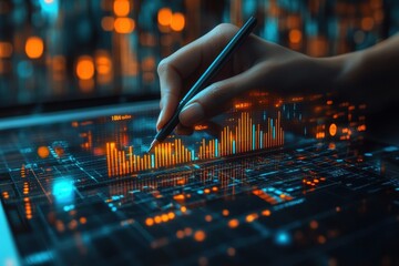 Data Analyst Engaging with Holographic Business Analytics Dashboard and Performance Metrics in Corporate Environment
