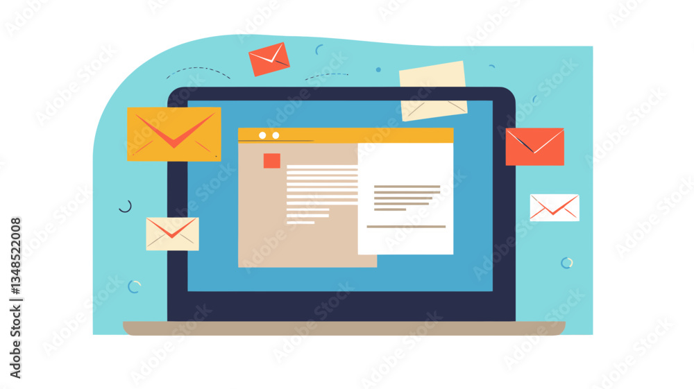 Poster modern flat design html email concept with laptop and floating envelopes for business communication 