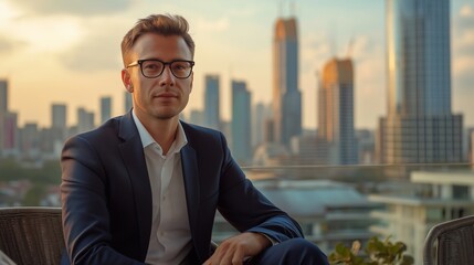 Businessman in glasses sitting on balcony with city skyline at sunset.