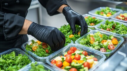 Chef preparing fresh salads in plastic containers.
