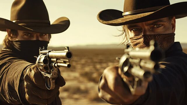In a tense moment, two cowboy assassins stand firm on opposite sides, guns drawn and ready. Their intense gaze meets under the relentless sun, embodying a classic standoff from the wild west.