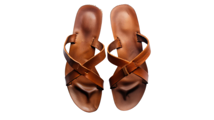 Pair of stylish brown leather sandals isolated on transparent background