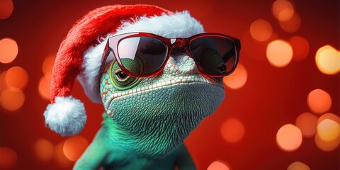 Cool Chameleon Pet with Santa Hat and Sunglasses on Red Background for Christmas Greeting Card