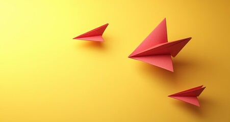 Leadership and Teamwork Concept with Red Plane Leading White Planes on Bright Yellow Background