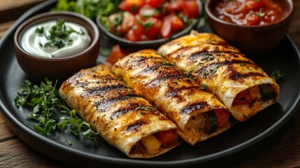 Golden quesadilla filled melted cheese and grilled vegetables served with salsa and sour cream Classic Mexican snack