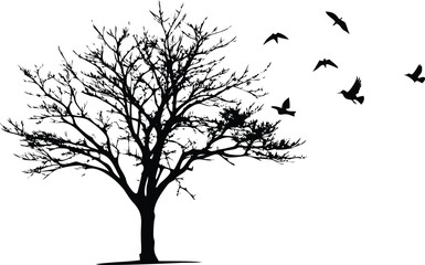 Obraz premium Bare Tree Silhouette with Birds Flying Away, Isolated on White Background, Nature Art