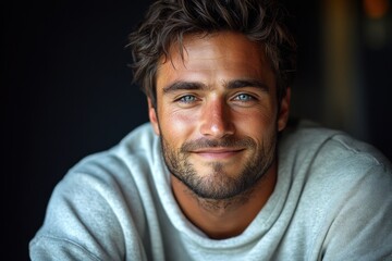 Fototapeta premium Smiling Young Man in White Sweatshirt Portrait Mockup Dark Background