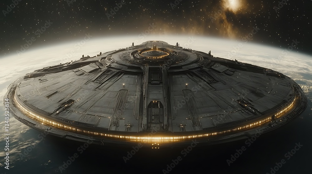 Poster a large spacecraft is shown orbiting above a distant planet