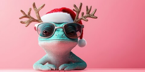 Merry Christmas Festive Chameleon with Santa Hat Sunglasses and Antlers on Pink Background Holiday Greeting Card