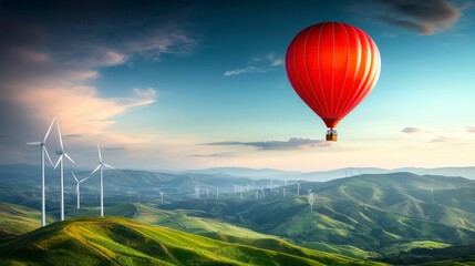 Fototapeta premium Red Hot Air Balloon Over Green Hills Wind Turbines