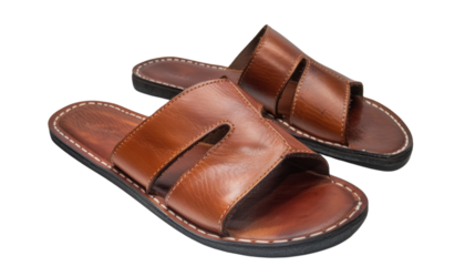 Pair of elegant brown leather men's sandals isolated on transparent background