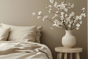 Cozy bedroom interior with bed, vase with flowers, against beige wall and wooden stool