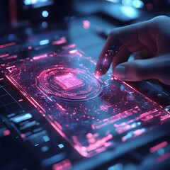 A finger interacts with a futuristic holographic interface displaying intricate circuitry and data. Ideal for technology presentations, websites, or science fiction visuals.