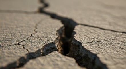 Close-up view of a deep crack in dry soil, showcasing drought effects in nature