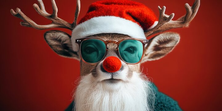 Cool Reindeer with Sunglasses and Santa Hat for Christmas Greeting Card