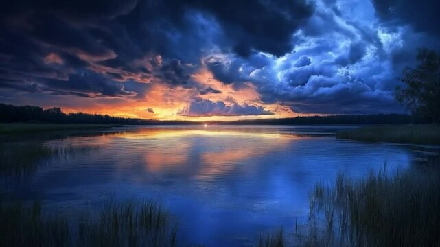 Dramatic thunderstorm with lightning over a tranquil lake during sunset, reflecting dark clouds
