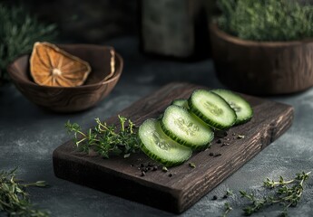 Fresh Cucumbers Sliced on Wooden Board with Green Herbs and Dried Orange Slices in Rustic Kitchen Setting for Healthy Cooking and Food Photography