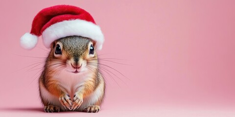 Fototapeta premium Cute Squirrel in Santa Hat on Pink Background Holiday Greeting Card Christmas Celebration