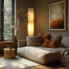 Stylish home interior with floor lamp glow high resolution picture
