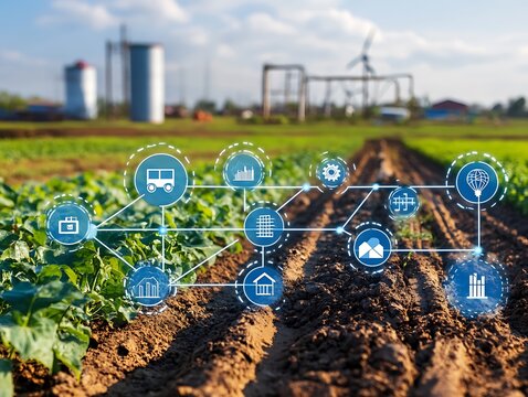 Agricultural field with a digital overlay depicting data analytics