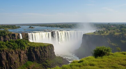 Fototapeta premium Majestic waterfall cascading over cliffs surrounded by lush greenery and mist