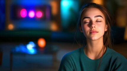 Obraz premium Serene Young Woman Meditating Inner Peace Tranquil Mind Soft Light