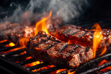 A close-up shot of a perfectly grilled steak sizzling on a flaming barbecue, with fiery orange flames and glowing embers beneath. The juicy meat is garnished with fresh rosemary and sprinkled with aro