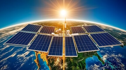 Futuristic solar panel array surrounding a miniature earth representation