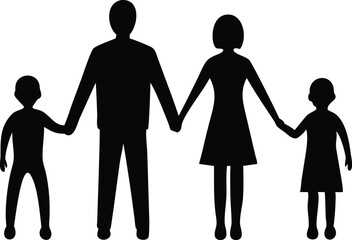 Family Silhouette Man, Woman, Boy and Girl Holding Hands, Standing Together, Isolated