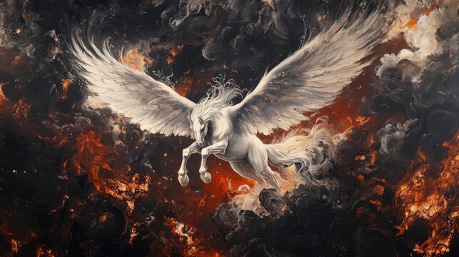 Caballo alado blanco volando entre nubes y llamas