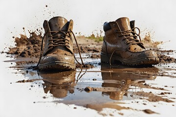 Close-up of muddy shoes in a puddle in watercolor style