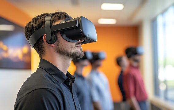 Man Wearing Virtual Reality Headset in Office Setting with Colleagues