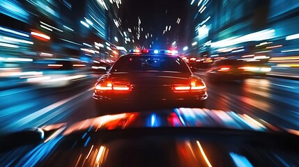 A police car speeding through city streets at night, red and blue lights flashing on top, surrounded by blurred tall buildings and lights, street reflecting the lights