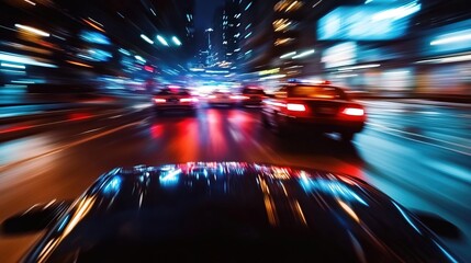 Obraz premium A police car speeding through city streets at night, red and blue lights flashing on top, surrounded by blurred tall buildings and lights, street reflecting the lights