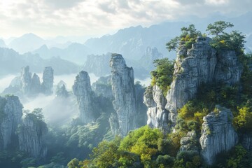 Majestic cliffs cloaked in morning mist with lush greenery in a serene mountain landscape