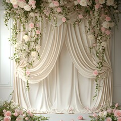 Elegant cream colored curtains with floral decorations are displayed