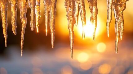 A row of icicles hanging from a roof, warm sunset light illuminating the icicles, the icicles sparkling with golden reflections, blurred sunset and sky in the background
