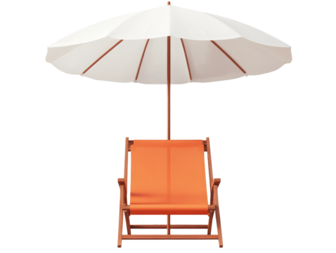 Join the relaxation under a vibrant orange beach umbrella on a transparent background, cut out