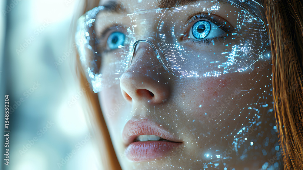Poster profile view of a woman with glasses. her face is overlaid with a digital network of glowing lines a