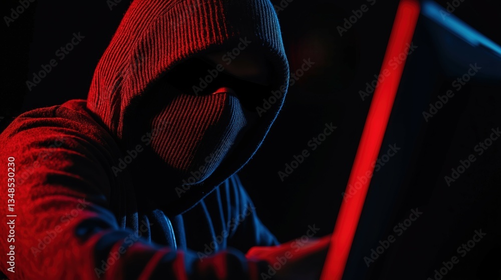 Poster mysterious hacker in dark room with red warning light engaging in suspicious activity at computer te
