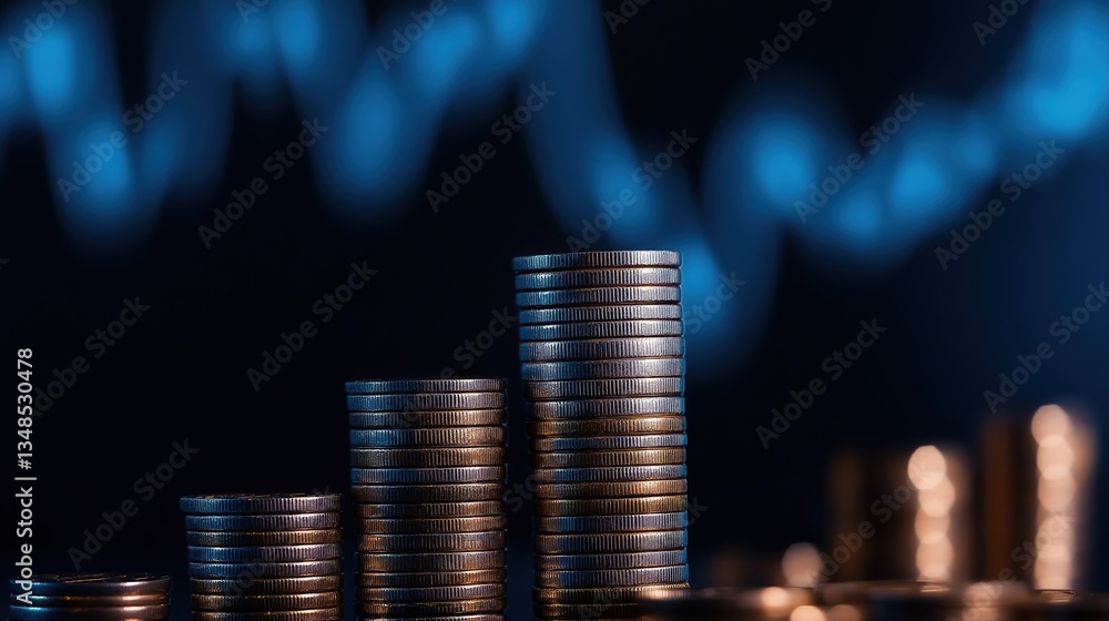 Poster stacking coins with a growing financial graph overlay in a professional business concept image